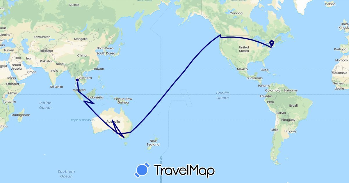 TravelMap itinerary: driving in Australia, Canada, Indonesia, Malaysia, Thailand, United States (Asia, North America, Oceania)